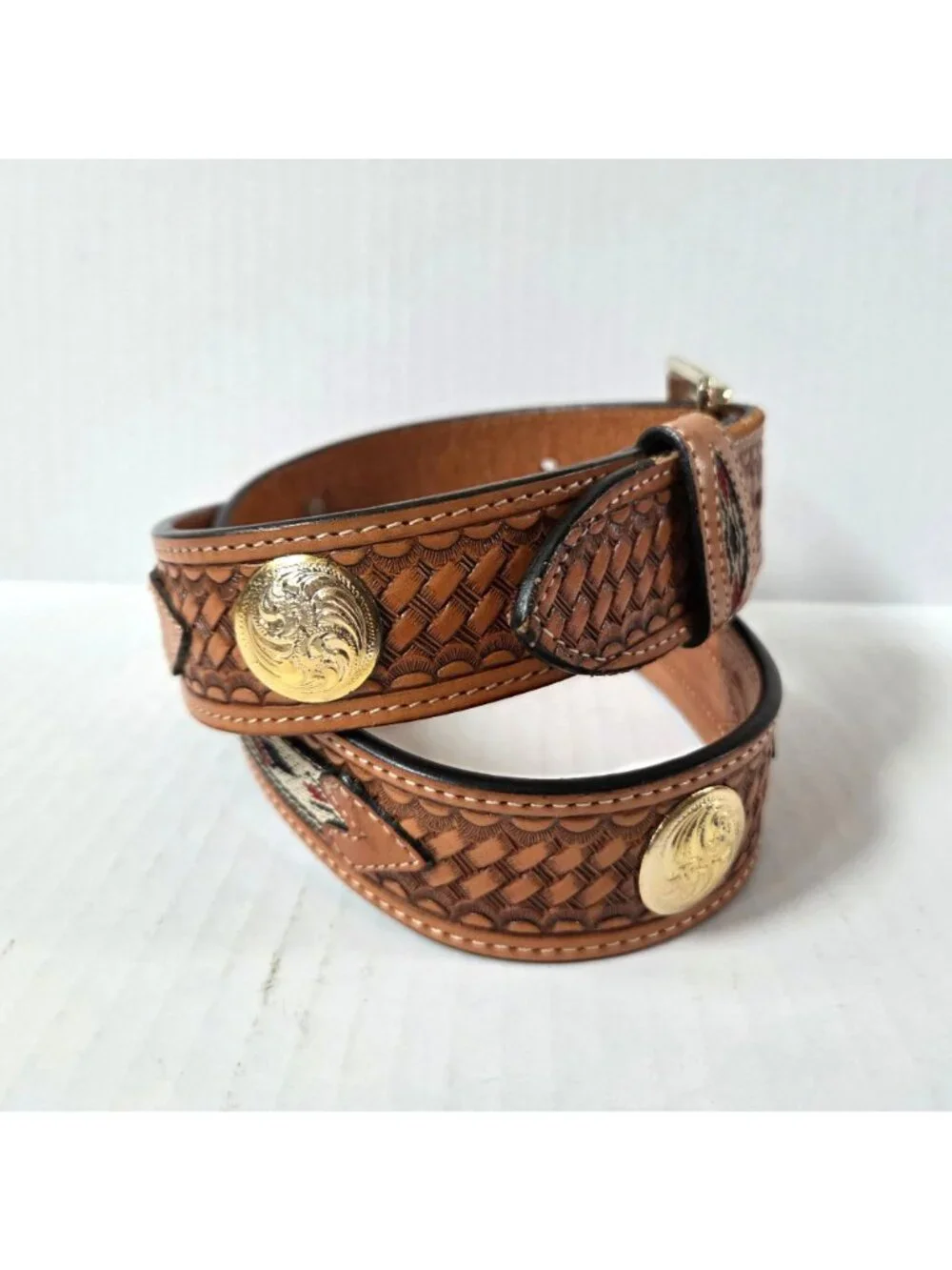 Nocona Belt Mens 38 Brown Tooled Leather Embroidered Inlay Western Cowboy Rodeo